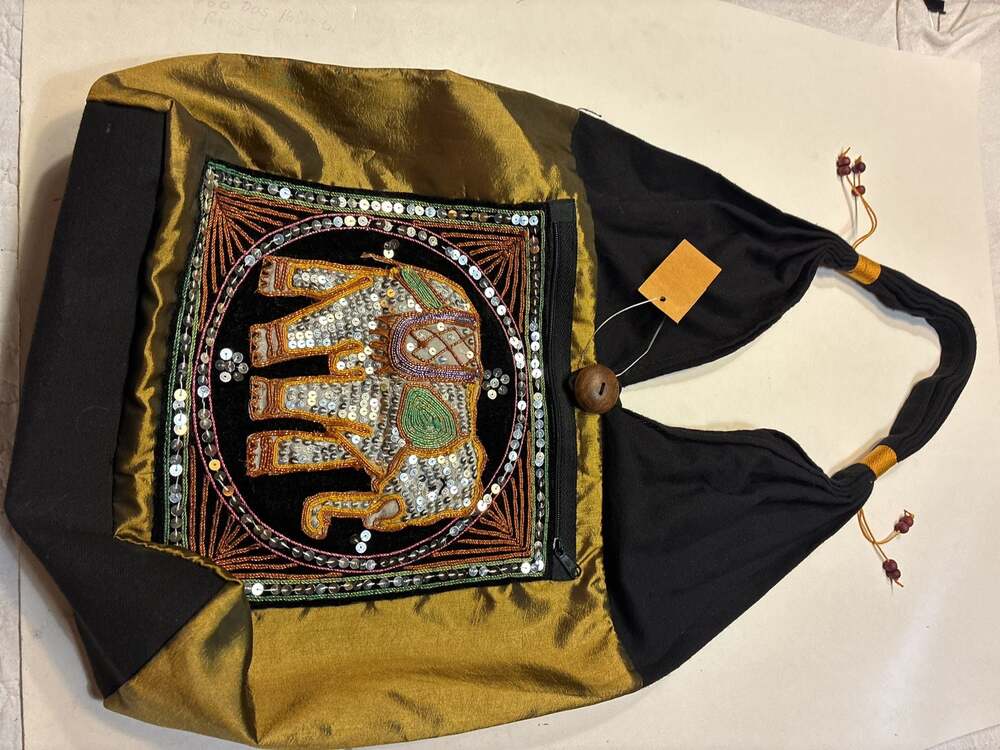 Handmade Thai Silk Cotton Elephant Embroidered Sequined Hobo Crossbody Bag